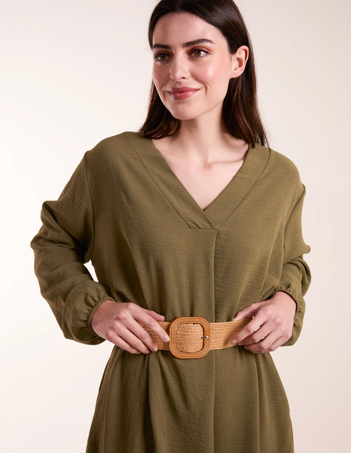 V Neck Long Sleeve Dress With Belt 2 V Neck Long Sleeve Dress With Belt - Image 2