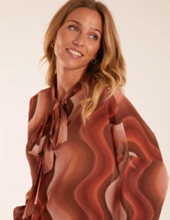 Chiffon Swirl Print Blouse -Soft Dress Wear Sales Store BV3168 BROWN 44346
