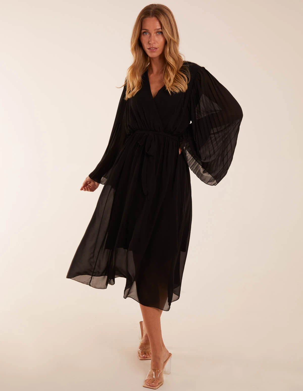 Wrap Front Pleated Sleeve Midi Dress 1 Wrap Front Pleated Sleeve Midi Dress