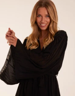 Wrap Front Pleated Sleeve Midi Dress 5 Wrap Front Pleated Sleeve Midi Dress -Soft Dress Wear Sales Store BV3178 BLACK 44027