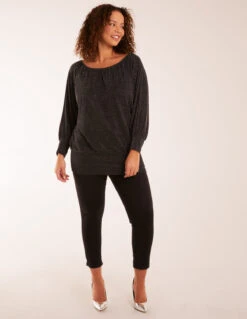 Wide Scoop Batwing Hem Metallic Top -Soft Dress Wear Sales Store BV3314IT BLACKSILVER 20117