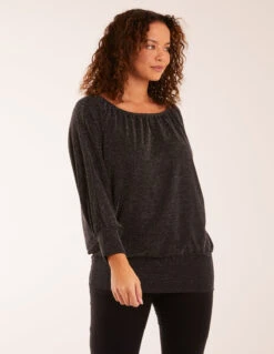Wide Scoop Batwing Hem Metallic Top