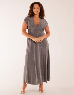 Metallic Pleated Double V Neck Dress -Soft Dress Wear Sales Store BV3321 SILVER 19122