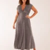 Metallic Pleated Double V Neck Dress