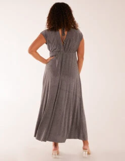 Metallic Pleated Double V Neck Dress -Soft Dress Wear Sales Store BV3321 SILVER 19162