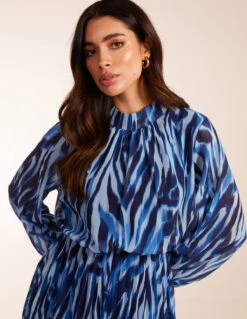 High Neck Puff Ball Pleated Water Colour Dress -Soft Dress Wear Sales Store BV3485 NAVY 26550