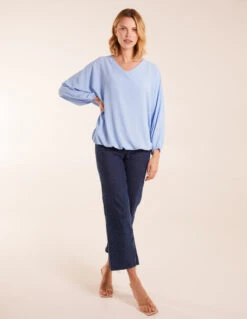 V Neck Puff Sleeve Blouse -Soft Dress Wear Sales Store BV3502 LIGHTBLUE 0374