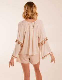 Tassel Wide Sleeve Blouse 7 Tassel Wide Sleeve Blouse -Soft Dress Wear Sales Store BV5101 STONE 2597
