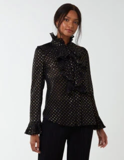 Gold Dots Pleated Frill Shirt -Soft Dress Wear Sales Store NL222429 BLACK 116