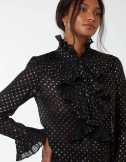 Gold Dots Pleated Frill Shirt -Soft Dress Wear Sales Store NL222429 BLACK 117
