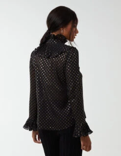 Gold Dots Pleated Frill Shirt -Soft Dress Wear Sales Store NL222429 BLACK 118