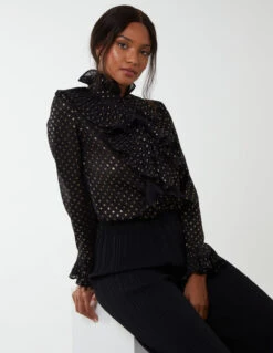 Gold Dots Pleated Frill Shirt -Soft Dress Wear Sales Store NL222429 BLACK 120