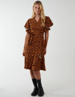 Leopard Print Wrap Ruffle Midi Dress -Soft Dress Wear Sales Store NL222914 RUST 177