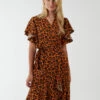 Leopard Print Wrap Ruffle Midi Dress
