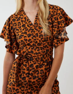 Leopard Print Wrap Ruffle Midi Dress -Soft Dress Wear Sales Store NL222914 RUST 179