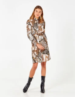 Tie Detail Button Front Brown Dress 8 Tie Detail Button Front Brown Dress -Soft Dress Wear Sales Store NL5822 KHAKI BROWN 1