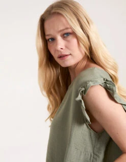 Button Back Frill Shoulder Top -Soft Dress Wear Sales Store NV1267B3056 134377