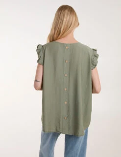 Button Back Frill Shoulder Top -Soft Dress Wear Sales Store NV1267B3056 134378