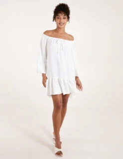 Tie Neck Tiered Tunic Dress -Soft Dress Wear Sales Store NV1832 WHITE 1