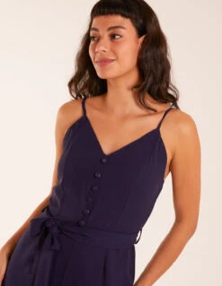 Button Front Strappy Jumpsuit -Soft Dress Wear Sales Store QED3126 BLUE 5272