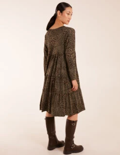 Tiered Leopard Roll Sleeve Smock Dress -Soft Dress Wear Sales Store S20737 KHAKI 5
