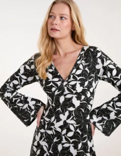 V Neck Long Sleeve Print Dress 5 V Neck Long Sleeve Print Dress -Soft Dress Wear Sales Store S2203 BLACKPATTERN 0740