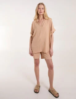 V-Neck Short Sleeve Blouse -Soft Dress Wear Sales Store SS23395 CAMEL 0611