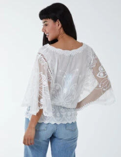 Floral Lace Butterfly Sleeve Blouse -Soft Dress Wear Sales Store WF4964 IVORY 6056