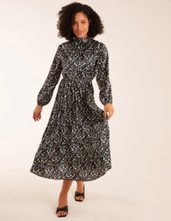 Abstract Animal Print High Neck Blouson Midi Dress