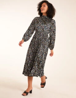 Abstract Animal Print High Neck Blouson Midi Dress -Soft Dress Wear Sales Store bv222870 teal9431