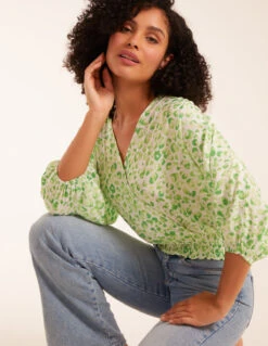 Elasticated Sleeve Wrap Front Elastic Hem Top -Soft Dress Wear Sales Store bv23434 green10037