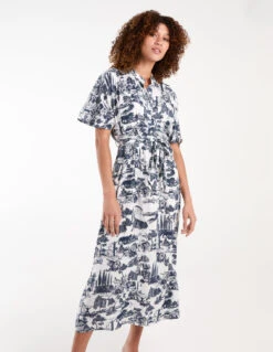 Porcelain Printed Belted Shirt Dress -Soft Dress Wear Sales Store bv245950 navy 34654