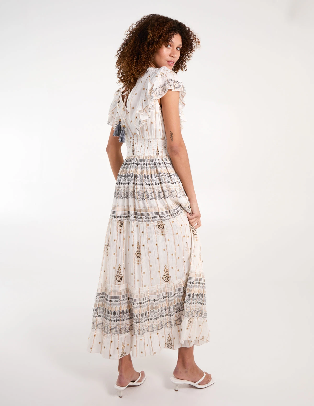 Cream Metallic Fibre Frill V Maxi Dress 4 Cream Metallic Fibre Frill V Maxi Dress - Image 4