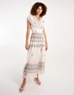 Cream Metallic Fibre Frill V Maxi Dress 6 Cream Metallic Fibre Frill V Maxi Dress -Soft Dress Wear Sales Store bv245971 white 34789