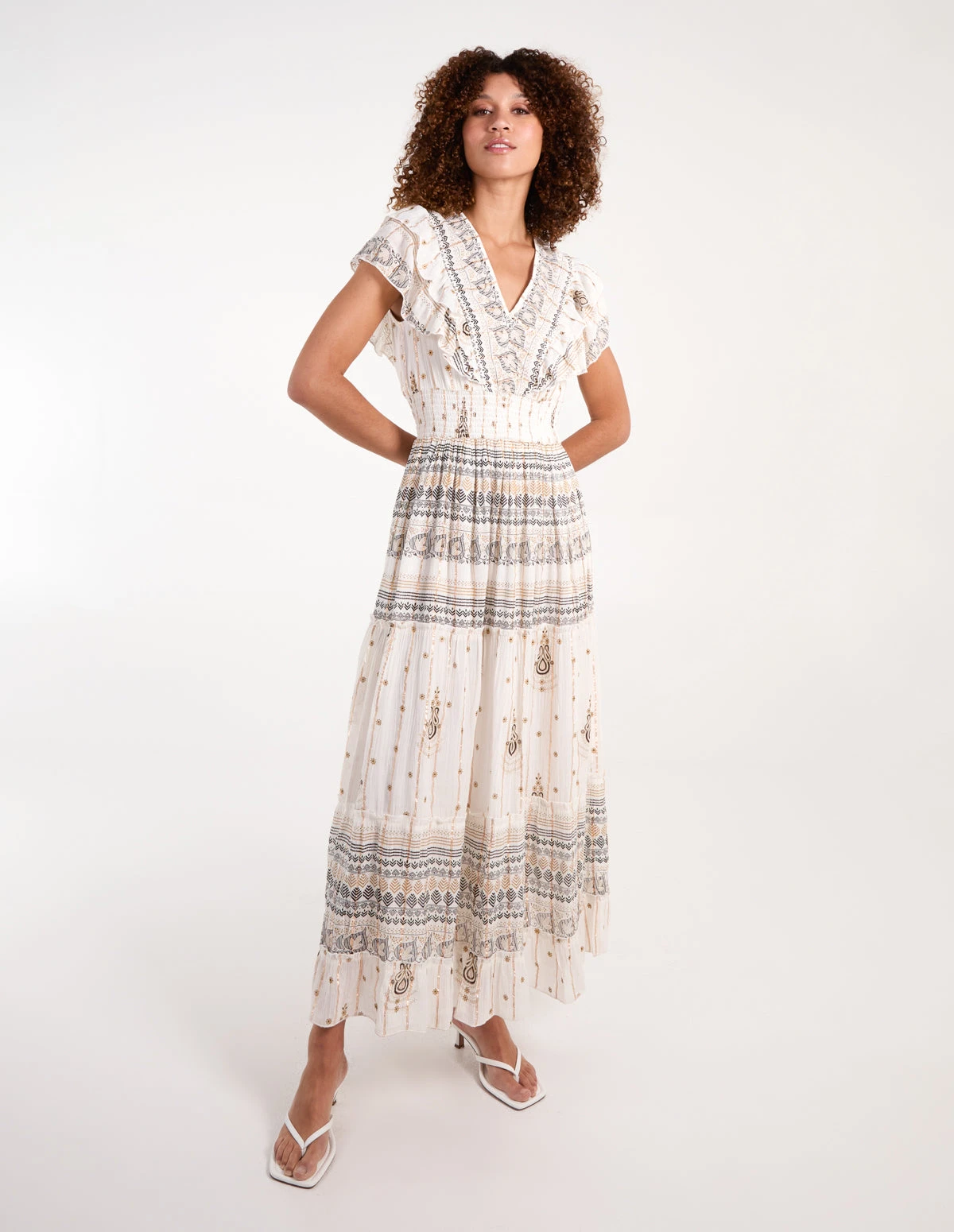 Cream Metallic Fibre Frill V Maxi Dress 1 Cream Metallic Fibre Frill V Maxi Dress