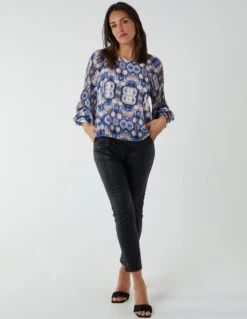 Pleated Sleeve Aztec Swirl Georgette Top -Soft Dress Wear Sales Store bv2579 blue 1329