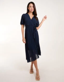 Pleated Wrap Over Belted Dress