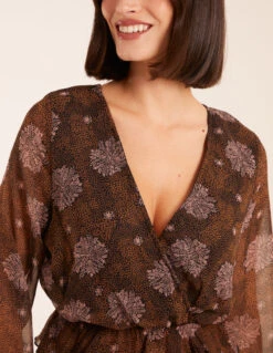Floral Ruffle Wrap Blouse 5 Floral Ruffle Wrap Blouse -Soft Dress Wear Sales Store ss23265 brown pattern24977